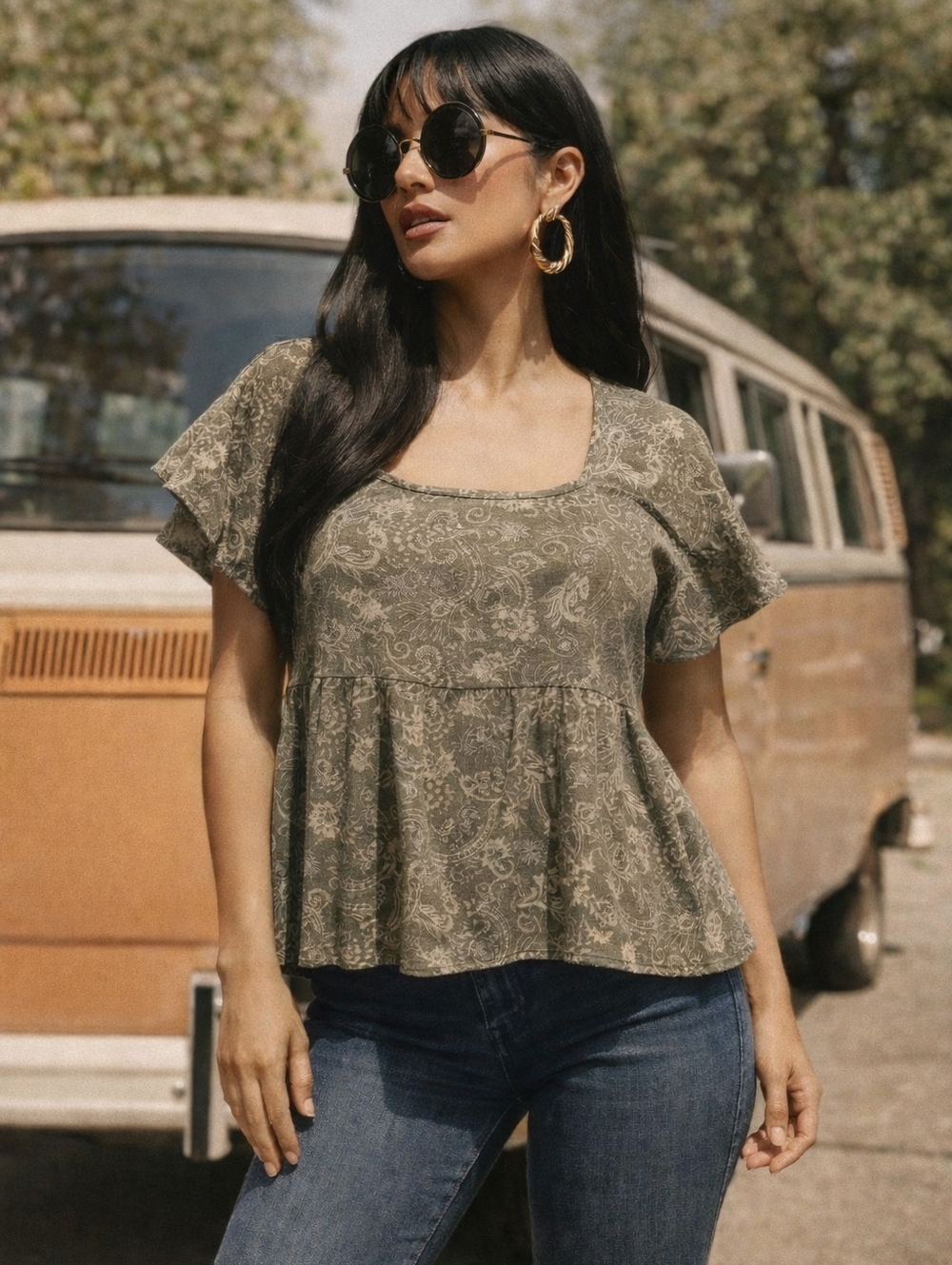 NEW Casual paisley olive top